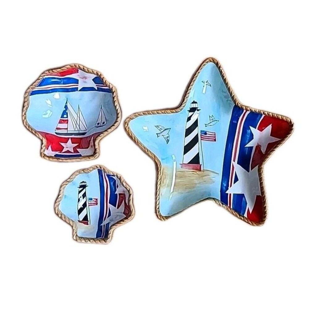 ND Ceramic 3 Bowls Lighthouse Nautical Patriotic Hand Painted Vintage Coastal